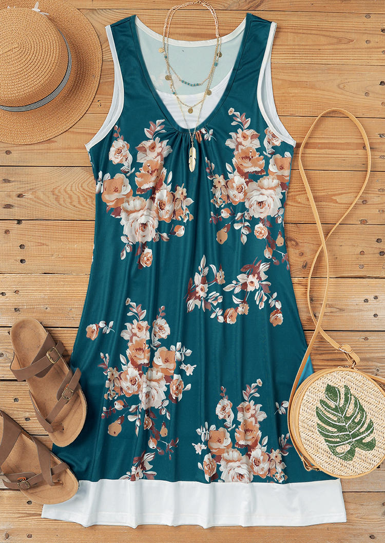 Floral Ruffled Sleeveless Mini Dress - Green