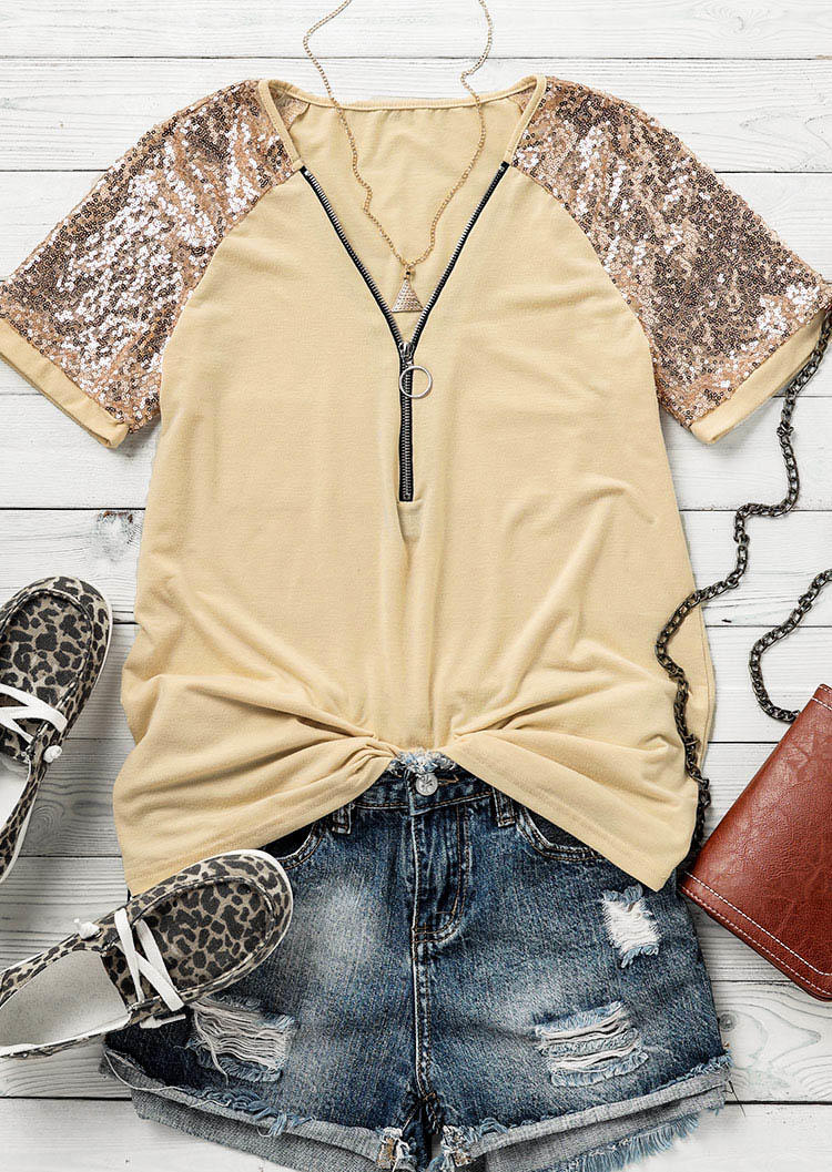 Sequined Zipper Collar Casual Blouse - Apricot