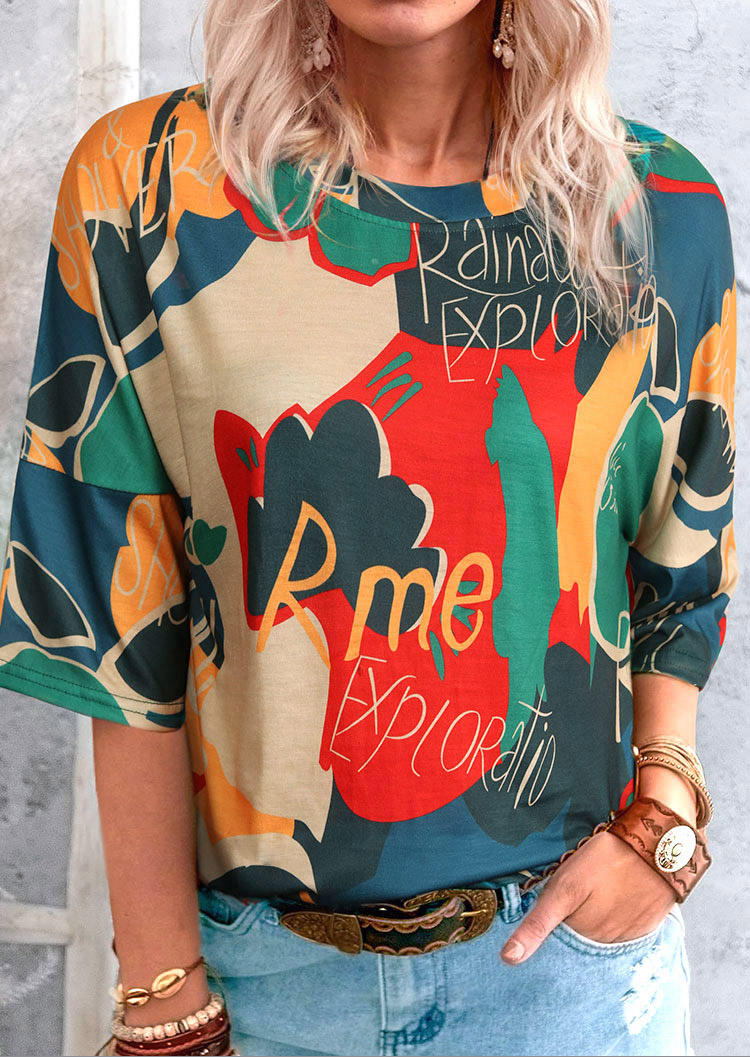 

Letter Graphic O-Neck Blouse - Green, 510767