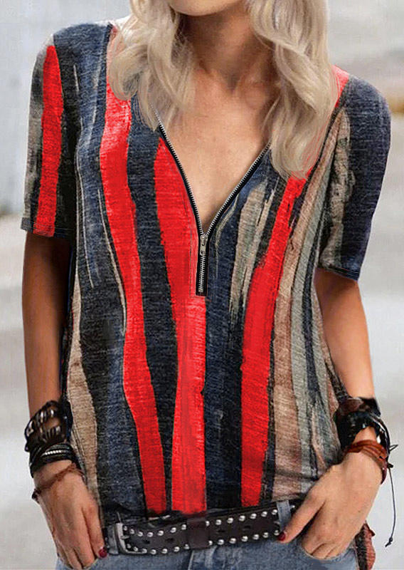 

Tie Dye Striped Zipper Collar Blouse - Red, 510831