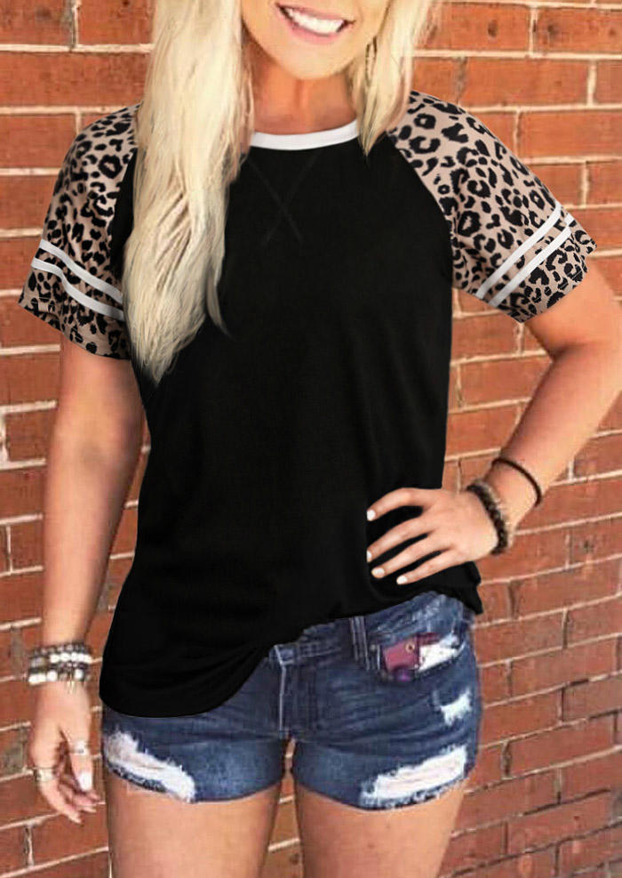 

Leopard Raglan Short Sleeve O-Neck T-Shirt Tee - Black, 510844