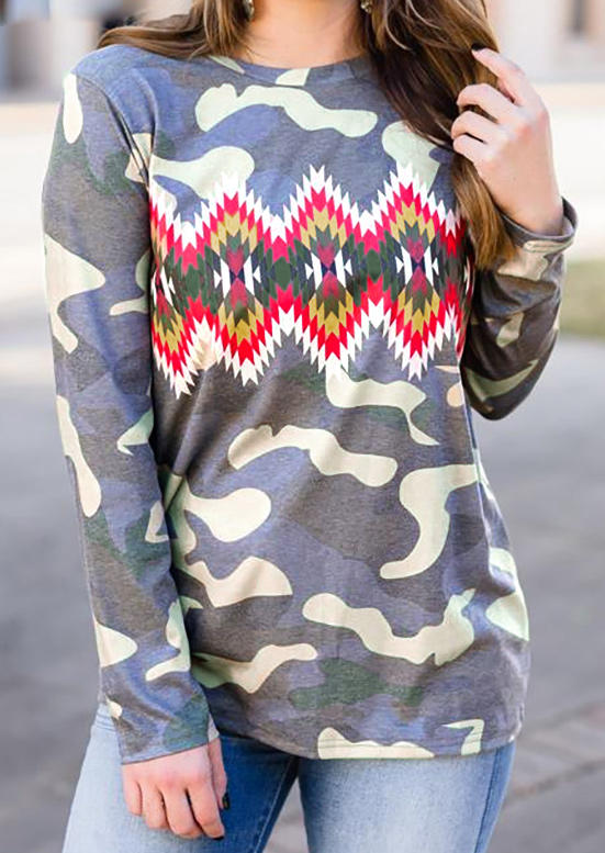 

Camouflage Aztec Geometric Long Sleeve T-Shirt Tee, 510847