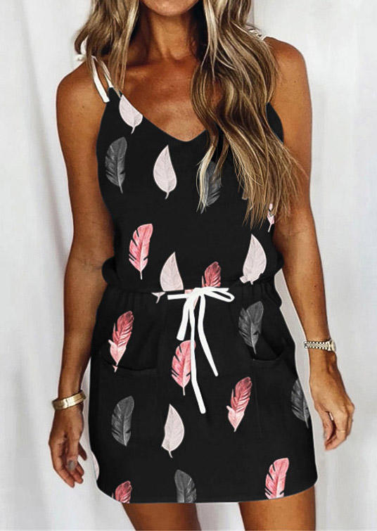 

Feather Drawstring Pocket Mini Dress - Black, 510849