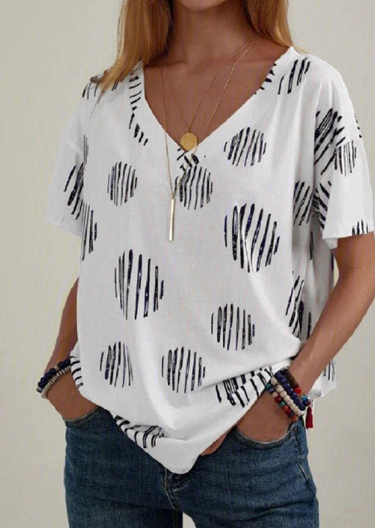 

Geometric V-Neck Short Sleeve Casual Blouse - White, 510853