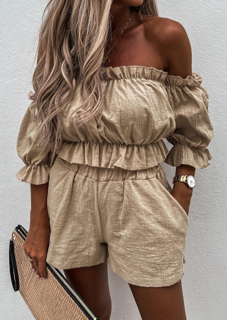 

Ruffled Off Shoulder Blouse And Pocket Shorts Two-Piece Set - Khaki, 510858