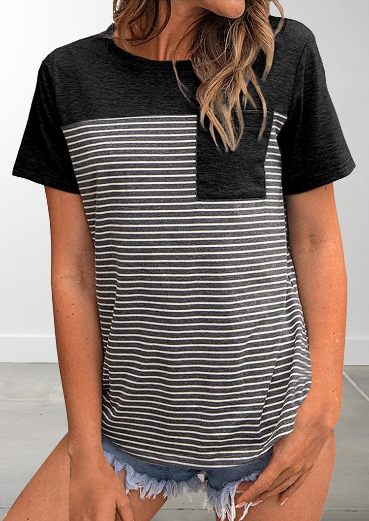 

Striped Pocket O-Neck T-Shirt Tee - Black, 510874
