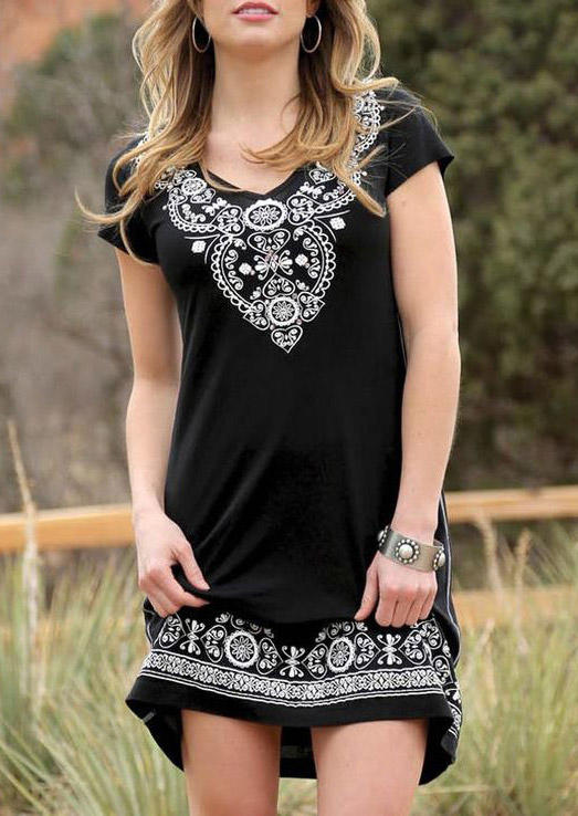 

Paisley Ethnic Style V-Neck Mini Dress - Black, 510902