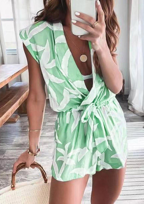 

Leaf Drawstring V-Neck Sleeveless Romper - Green, 510931
