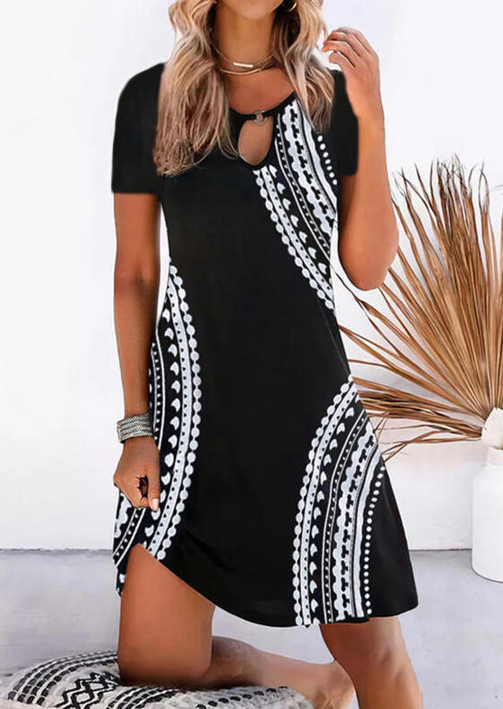 

Geometric Keyhole Neck Short Sleeve Mini Dress - Black, 511006
