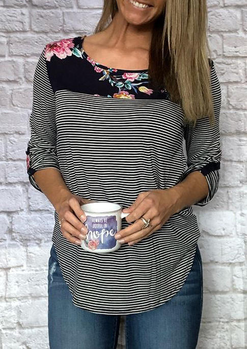 

Striped Floral Splicing O-Neck Blouse, Multicolor, 511027