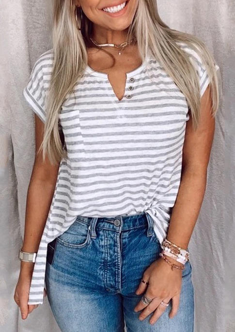 

Striped Button Pocket Slit Notched Neck Casual Blouse, Stripe, 511028
