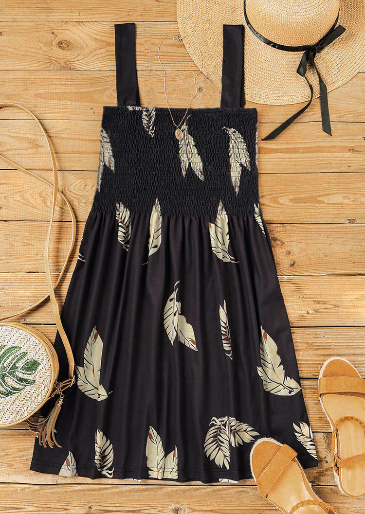 Palm Leaf Smocked Ruffled Mini Dress - Black