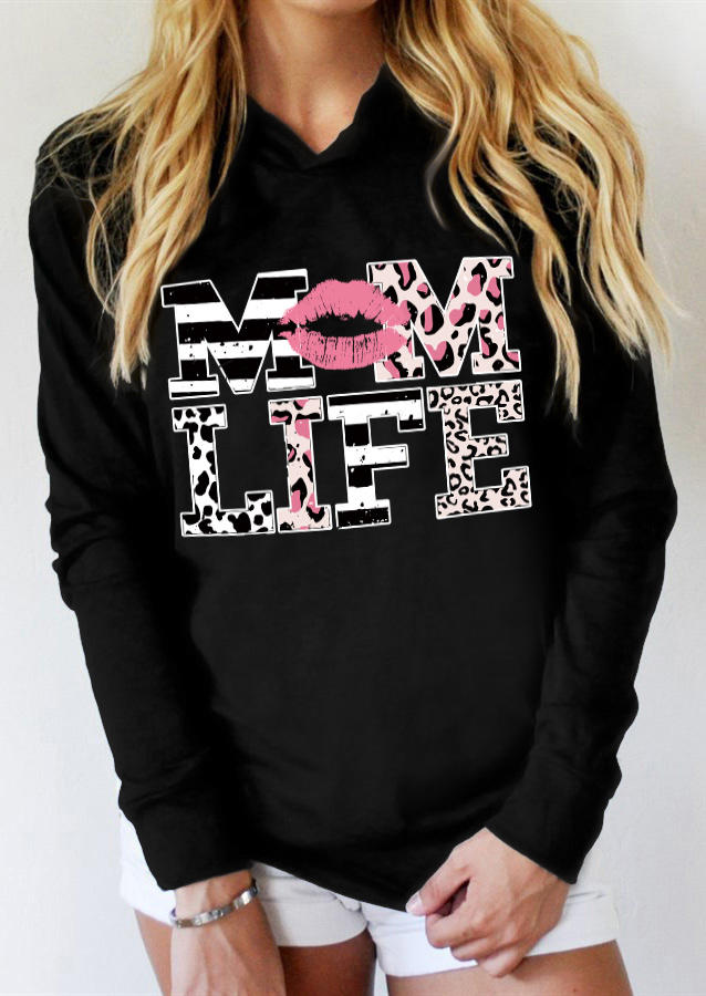 

Mom Life Leopard Lips Striped Hoodie - Black, 511108