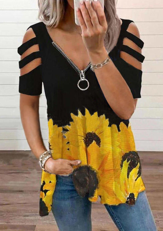 

Sunflower Zipper Collar Cold Shoulder Blouse - Black, 511181
