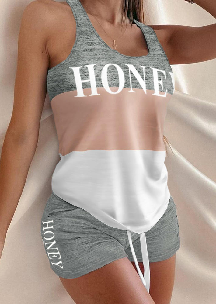 

Color Block Honey Racerback Tank And Drawstring Pocket Shorts Two-Piece Set, Multicolor, 509957