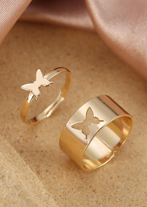 

2Pcs Hollow Out Butterfly Open Adjustable Alloy Ring Set, Gold;silver, 510210