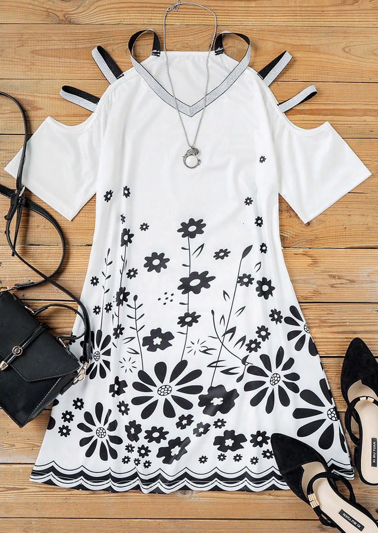 Floral Glitter Cut Out Cold Shoulder Mini Dress - White