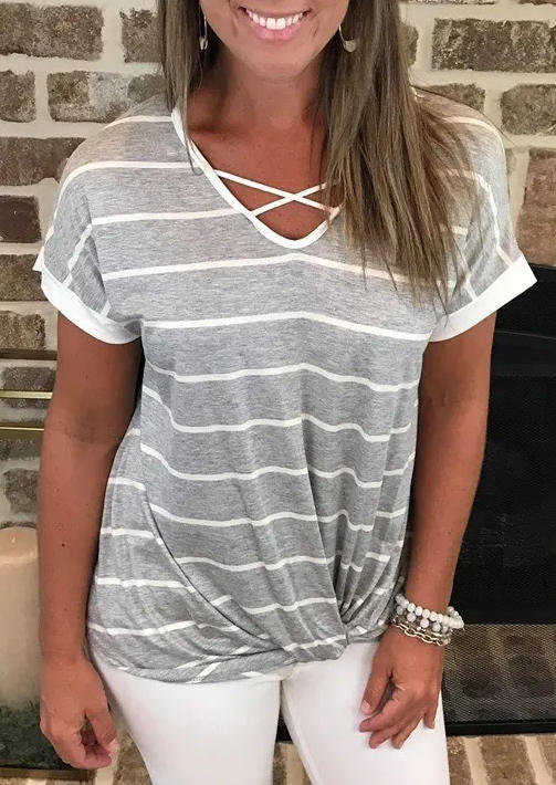 

Striped Criss-Cross Short Sleeve Blouse - Gray, 511033