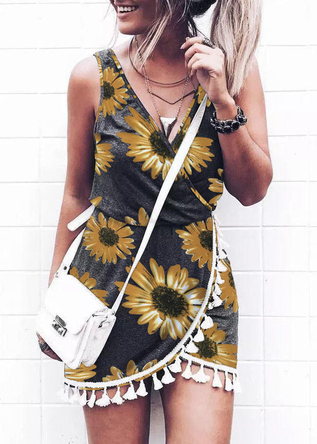 

Sunflower Tassel Elastic Waist Wrap V-Neck Mini Dress, Multicolor, 511135