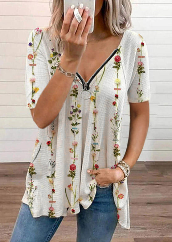 

Floral Zipper Collar Casual Blouse - Beige, 509648