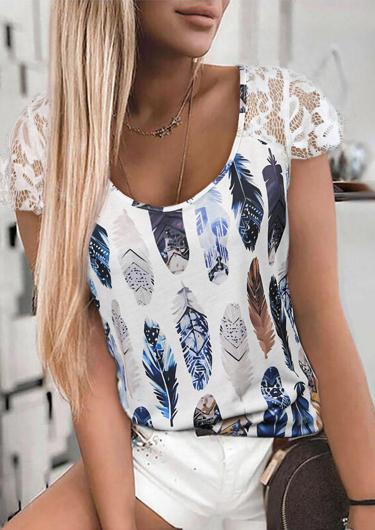 

Feather Lace Splicing O-Neck Blouse - White, 509979