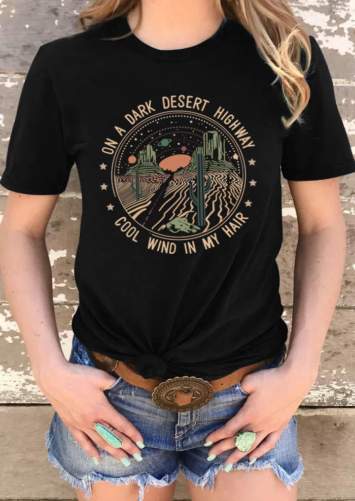 

Dark Desert Highway Cactus Camping T-Shirt Tee - Black, 510322