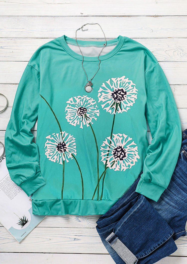 Dandelion Long Sleeve O-Neck Sweatshirt - Cyan