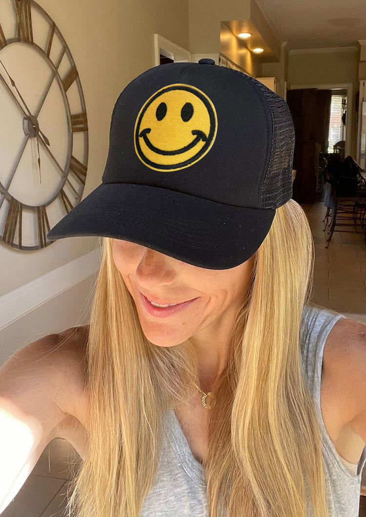 

Vintage Smiley Happy Face Mesh Trucker Hat, Black;white, 510619