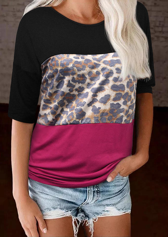 

Leopard Color Block Casual Blouse, Multicolor, 510691