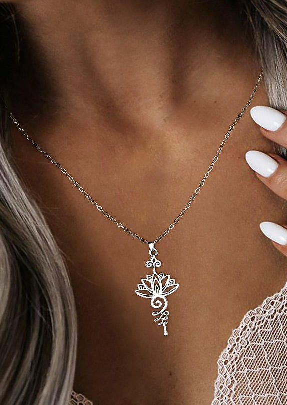 

Simple Lotus Hollow Out Pendant Necklace, Silver, 510799