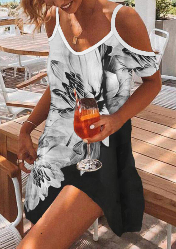

Floral Cold Shoulder Mini Dress - White, 510846