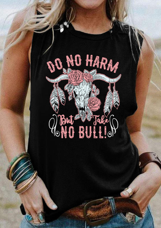 

Do No Harm Steer Skull Feather Floral Tank - Black, 510875