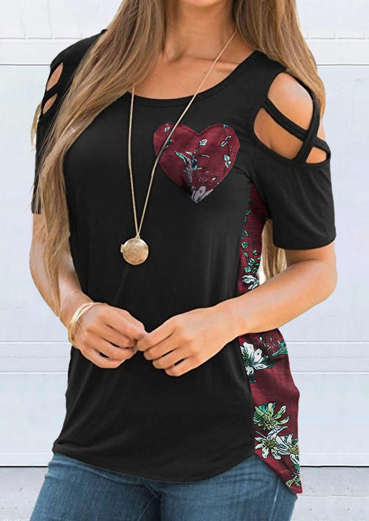 

Floral Heart Criss-Cross Cold Shoulder Blouse - Black, 510880