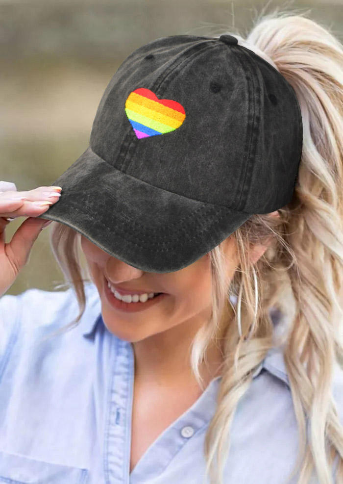 

Rainbow Striped Heart Distressed Hollow Out Baseball Cap, Black, 510895