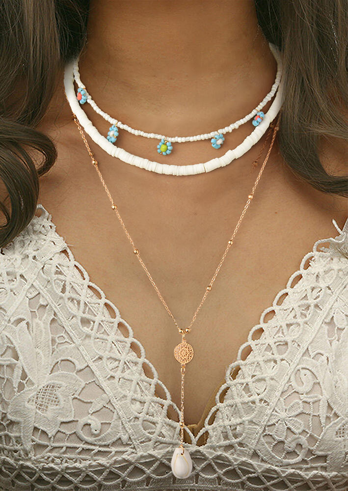 

3Pcs Flower Beading Shell Pendant Necklace Set, White, 510928