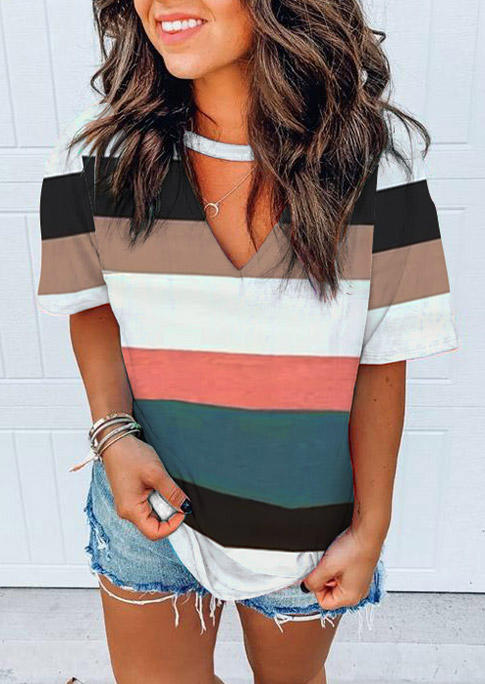 

Colorful Striped Keyhole Neck Short Sleeve Blouse, Multicolor, 510948