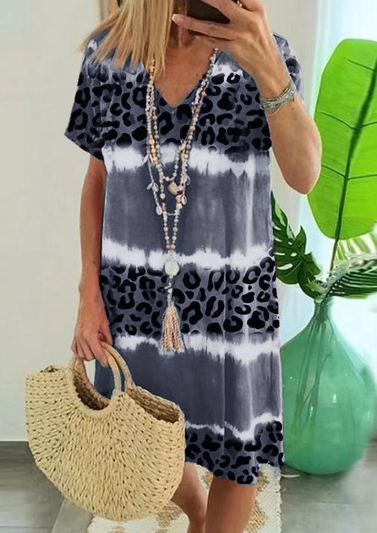 Leopard Color Block V-Neck Mini Dress - Gray