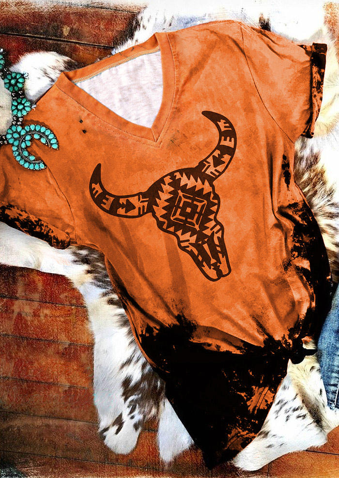 

Western Aztec Geometric Steer Skull V-Neck T-Shirt Tee - Orange, 510954