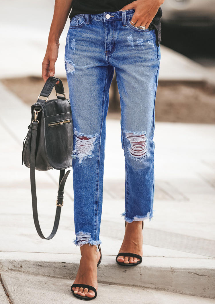 

Ripped Hole Pocket Zipper Denim Jeans - Blue, 511097