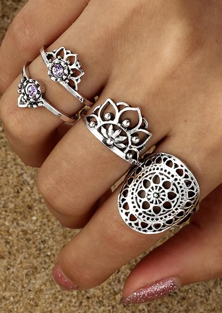 

4Pcs Mandala Lotus Crystal Hollow Out Ring Set, Silver, 511127