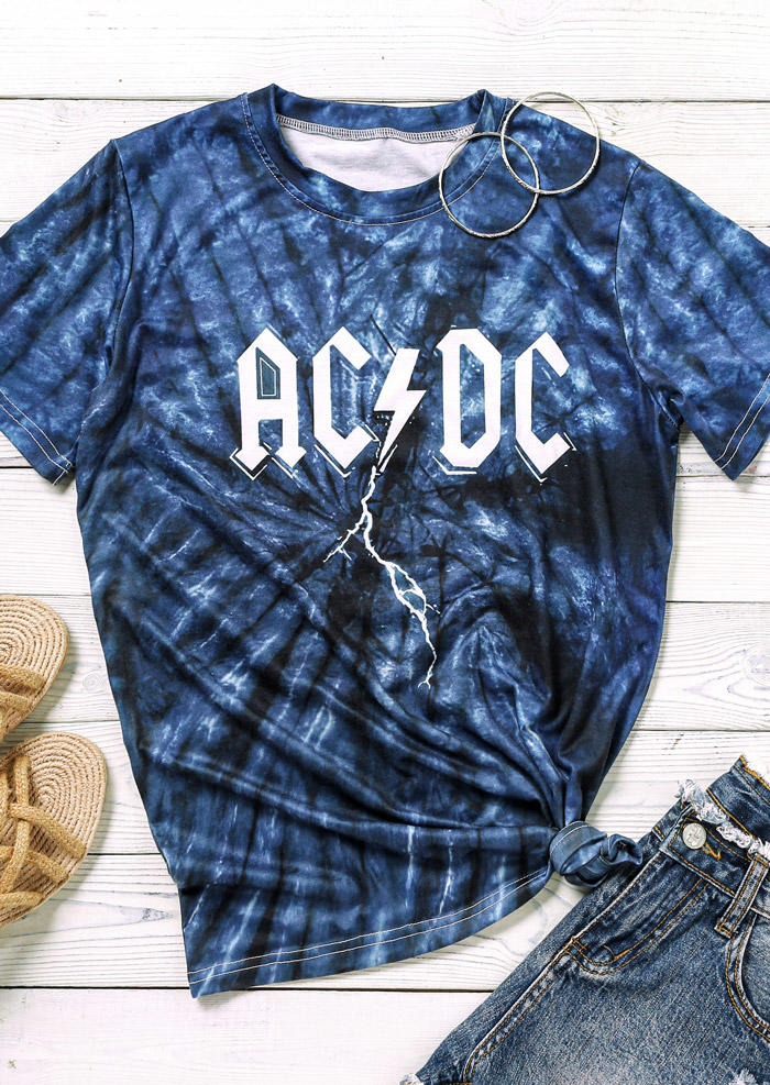 

AC DC Tie Dye O-Neck T-Shirt Tee - Deep Blue, 511149