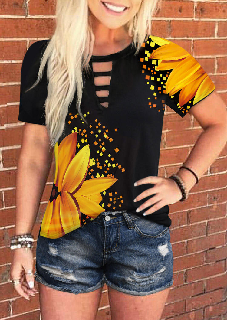 

Sunflower Keyhole Neck Hollow Out Blouse - Black, 511414