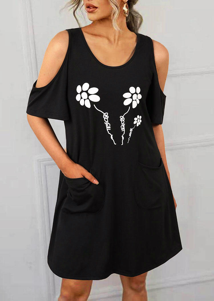 Floral Pocket Cold Shoulder Mini Dress - Black