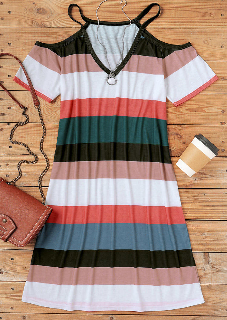 Buy Striped Cold Shoulder V-Neck Mini Dress. Picture