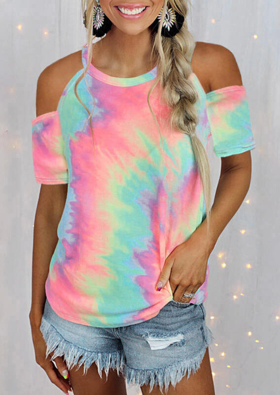 

Tie Dye Cold Shoulder Short Sleeve Blouse, Multicolor, 510237