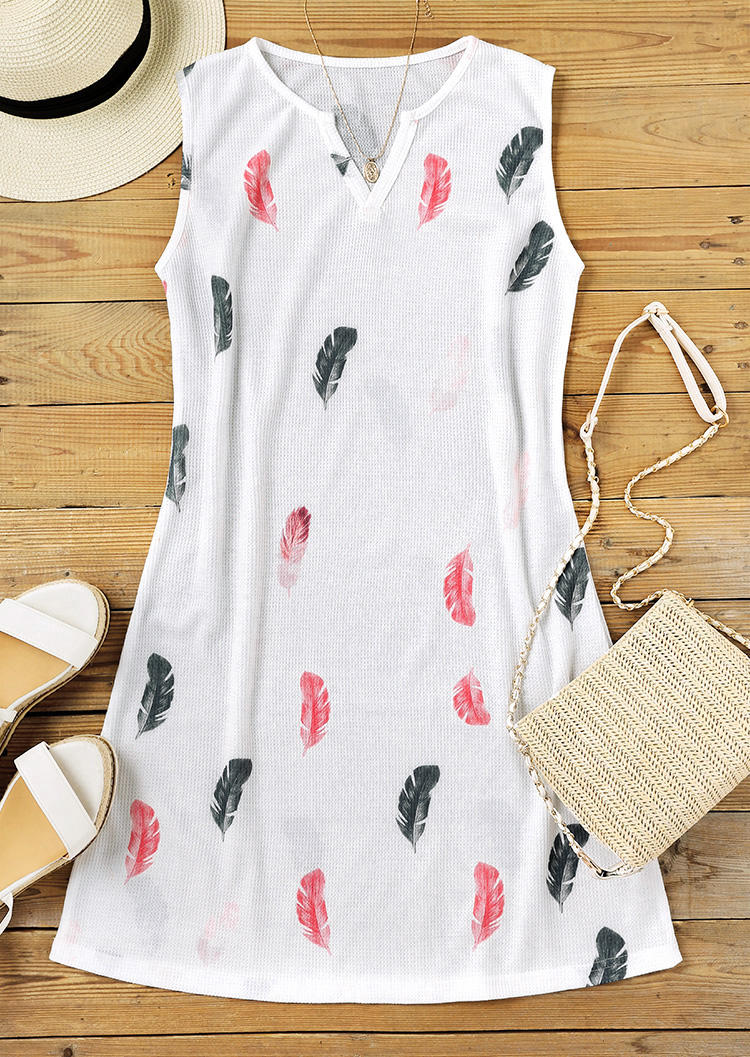 Feather Notched Neck Sleeveless Mini Dress - White