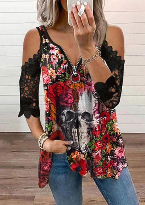 

Floral Skull Lace Splicing Zipper Collar Cold Shoulder Blouse, Multicolor, 510728