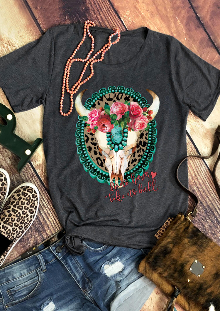 

Leopard Steer Skull Turquoise Floral T-Shirt Tee - Dark Grey, 510758