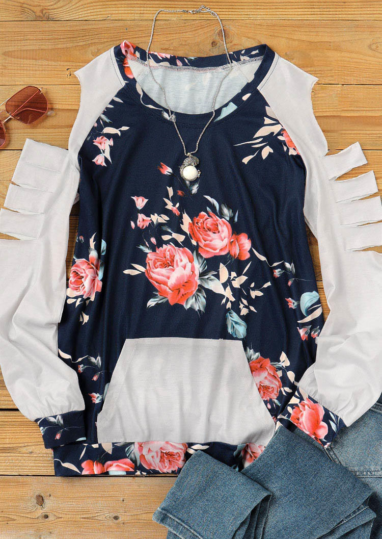 Floral Hollow Out Kangaroo Pocket Casual Blouse