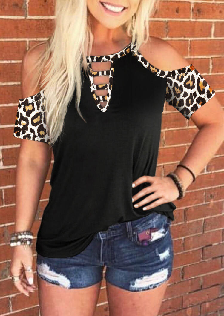 

Leopard Keyhole Neck Cold Shoulder Blouse - Black, 510986